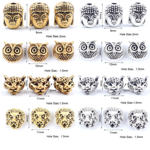 10pcs Antique Owl Lion Buddha Leopard Head Spacer Beads Charm DIY Bracelets Necklace Beads for Jewelry Making Accessories