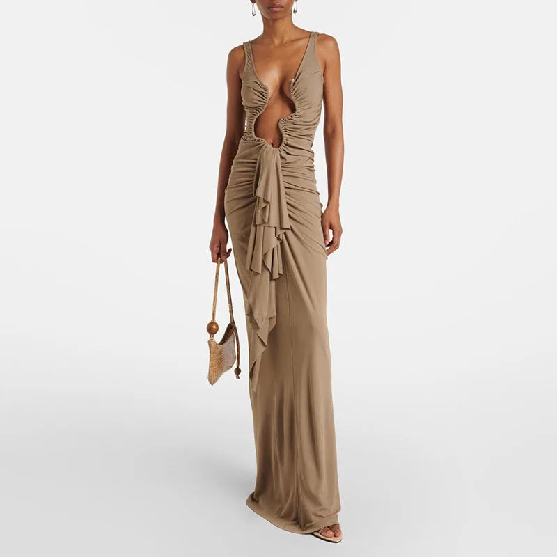 Trendy Woman Clothes 2025 Spring Sexy Deep V Neck Hollow Ruffle Slim Long Dress Summer Straps Backless Zip Elegant Party Dresses