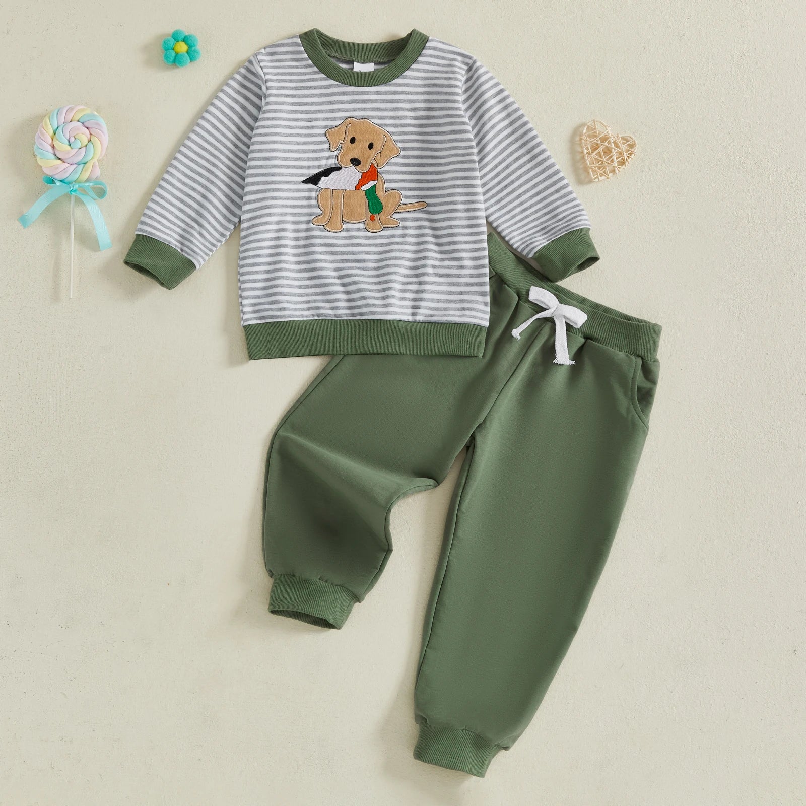 Boys 2-Piece Set Stylish Long Sleeve Striped Embroidery Dog Sweatshirt with Elastic Waist Sweatpants for Fall Fashion