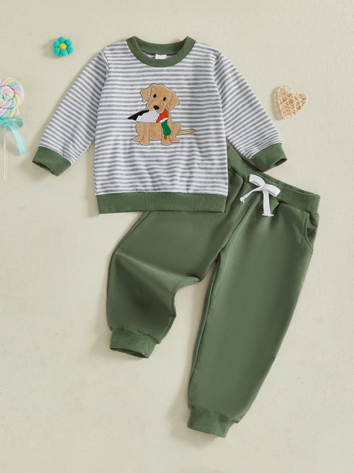 Boys 2-Piece Set Stylish Long Sleeve Striped Embroidery Dog Sweatshirt with Elastic Waist Sweatpants for Fall Fashion