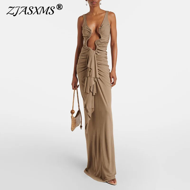 Trendy Woman Clothes 2025 Spring Sexy Deep V Neck Hollow Ruffle Slim Long Dress Summer Straps Backless Zip Elegant Party Dresses